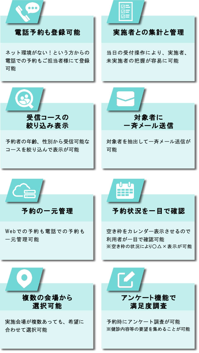電話予約も登録可能、実施者の集計と管理、予約の一元管理、予約状況を一目で確認、受診コースの絞り込み表示、対象者に一斉メール送信、複数の会場から選択可能、アンケート機能で満足度調査