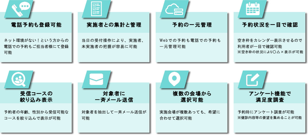 電話予約も登録可能、実施者の集計と管理、予約の一元管理、予約状況を一目で確認、受診コースの絞り込み表示、対象者に一斉メール送信、複数の会場から選択可能、アンケート機能で満足度調査